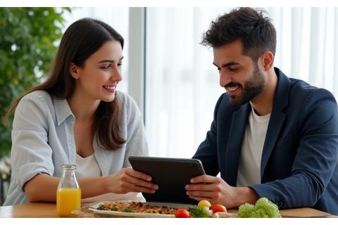 أخصائية تغذية تشرح خطة غذائية لعميل في بيئة نظيفة وحديثة.